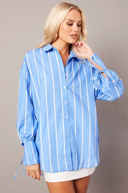 Blue Stripe Relaxed Shirt Long Sleeve Cuff Tie