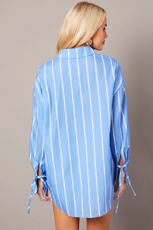 Blue Stripe Relaxed Shirt Long Sleeve Cuff Tie