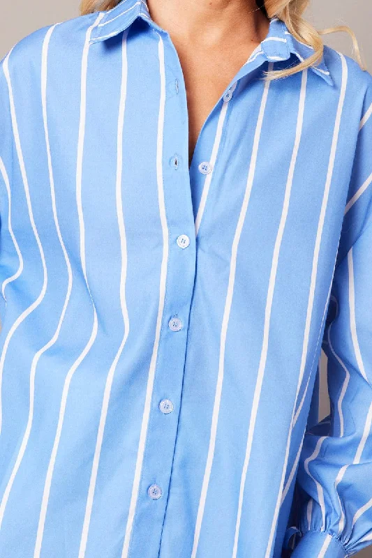 Blue Stripe Relaxed Shirt Long Sleeve Cuff Tie