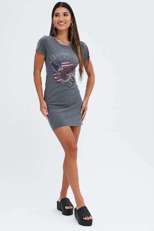 Grey Mini Dress Sleeveless Scoop Neck Eagle Jersey