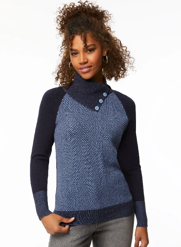 Herringbone Motif Split Collar Sweater