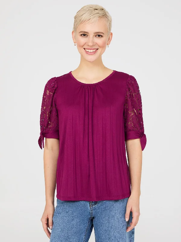 Lace Tie Sleeve Pleated Top