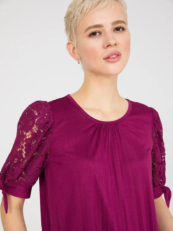 Lace Tie Sleeve Pleated Top