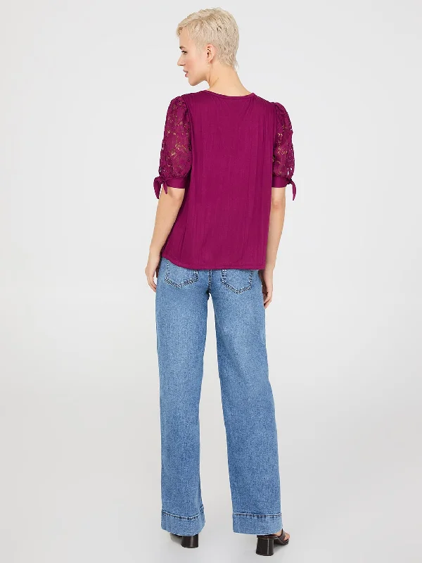 Lace Tie Sleeve Pleated Top