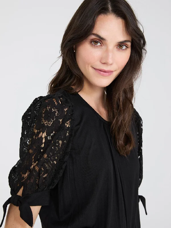 Lace Tie Sleeve Pleated Top