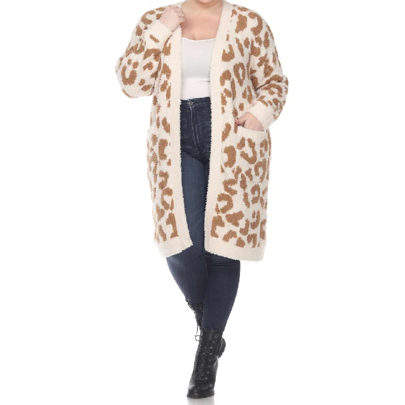 Plus Size Leopard Print Open Front Sherpa Cardigan