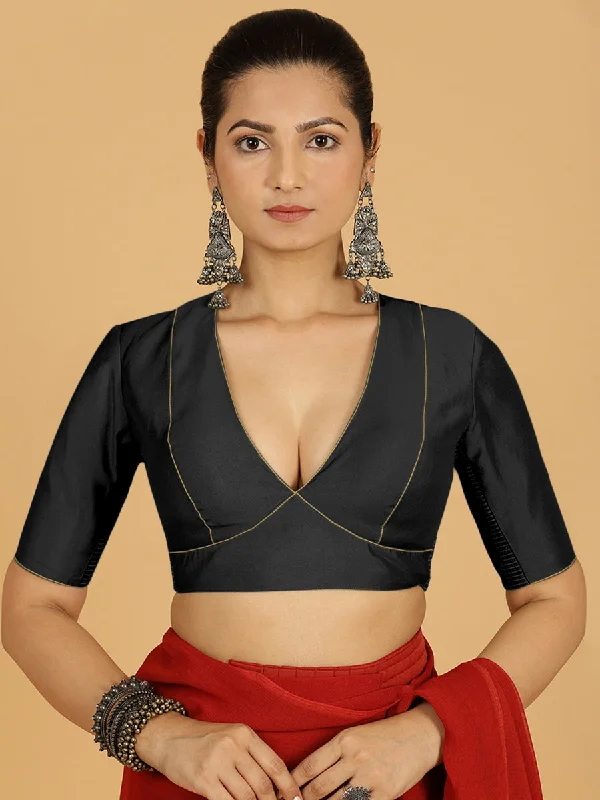 Ghazal x Rozaana | Elbow Sleeves Saree Blouse in Raven Black