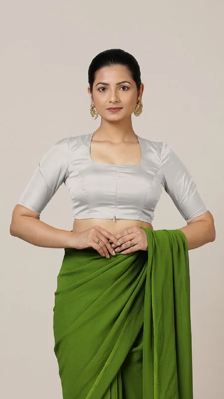 Aziza x Rozaana | Elbow Sleeves Saree Blouse in Silver