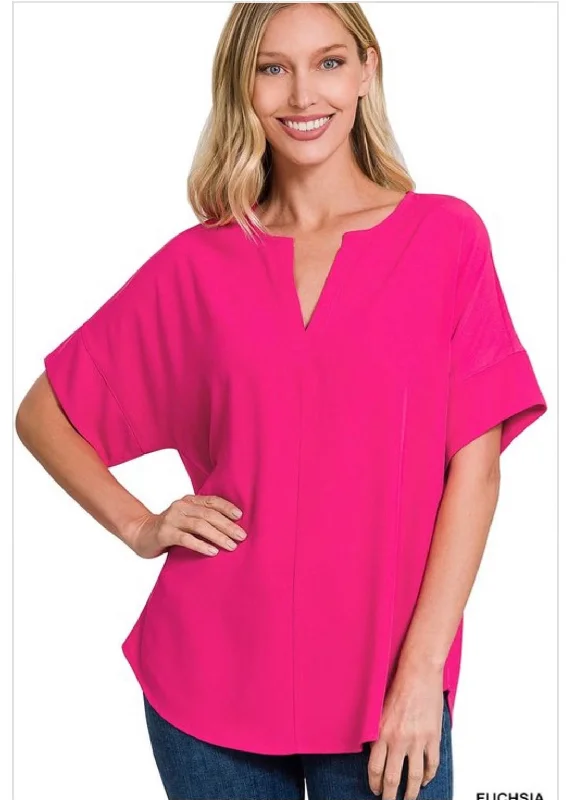 Tops- Hot Pink Woven Split Neck Short Sleeve