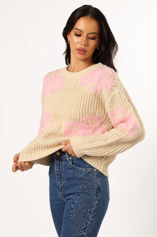 Wren Large Flower Knit Sweater - Cream