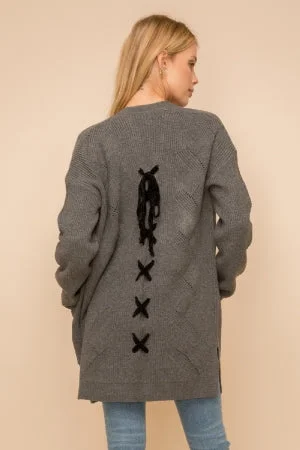 Texture Knit Lace Up Back Long Cardigan