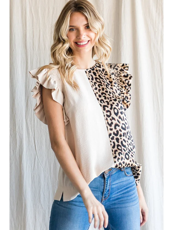 Animal Print Flutter Sleeve Blouse