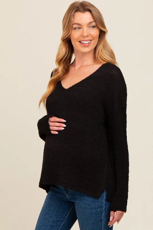 Black V-Neck Basic Maternity Sweater