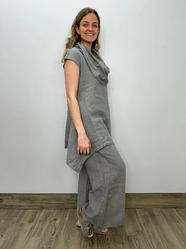 Gray Short Sleeve Cowl Neck Linen Tunic