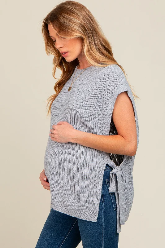 Grey Chunky Knit Side Tie Maternity Sweater Top