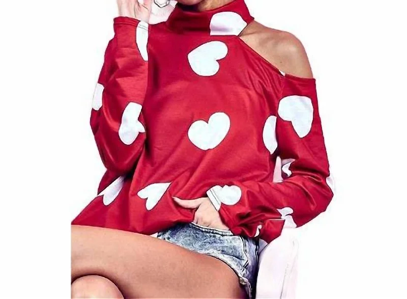 Heart Print Top With One Open Shoulder In Red