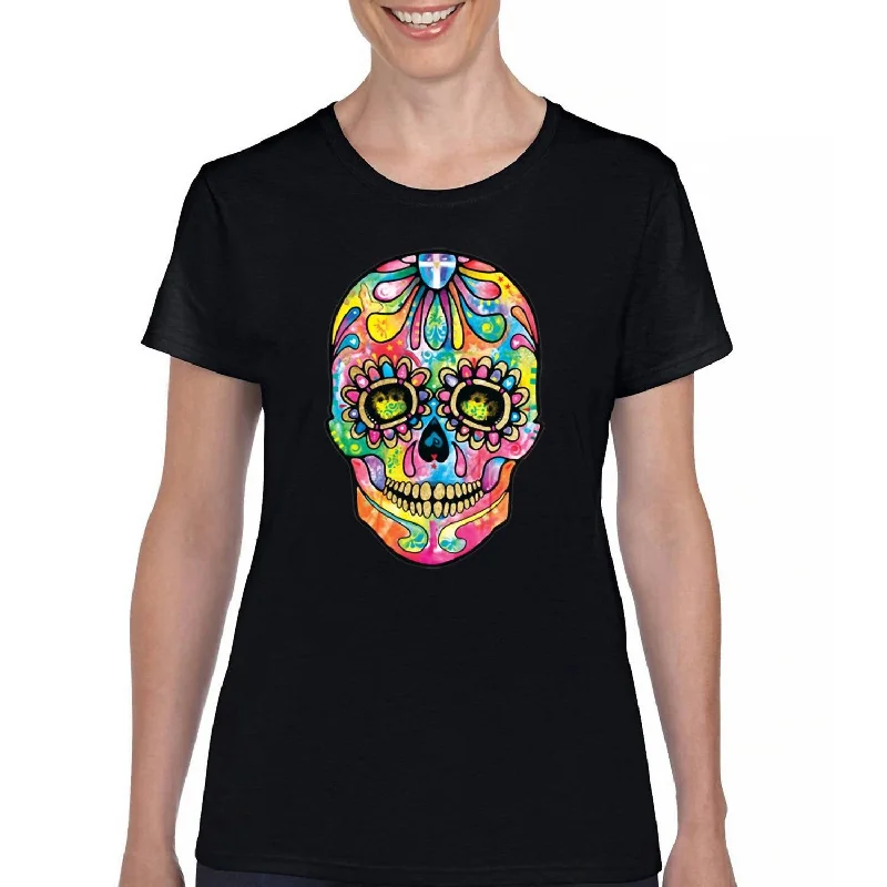 Large Colorful Sugar Skull Tee In Black