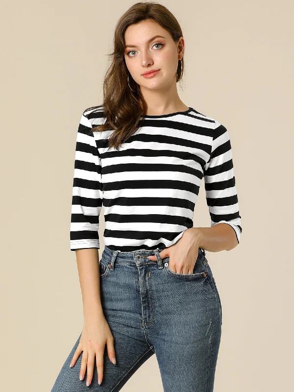 Striped Elbow Sleeve Round Neck Casual T-Shirt