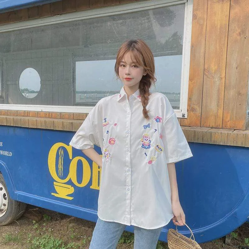 Women's Japanese Style Angel and Bow Embroidery Casual White Shirts