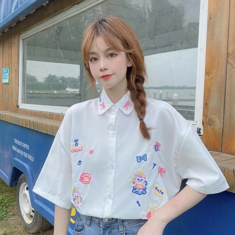 Women's Japanese Style Angel and Bow Embroidery Casual White Shirts