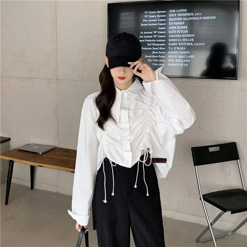 Women's Kawaii Asymmetric Collar Drawstring Long Sleeved Shirts