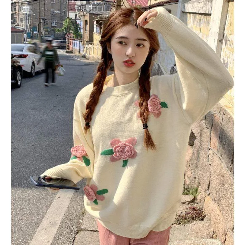 Women's Kawaii Floral Knitted Sweater