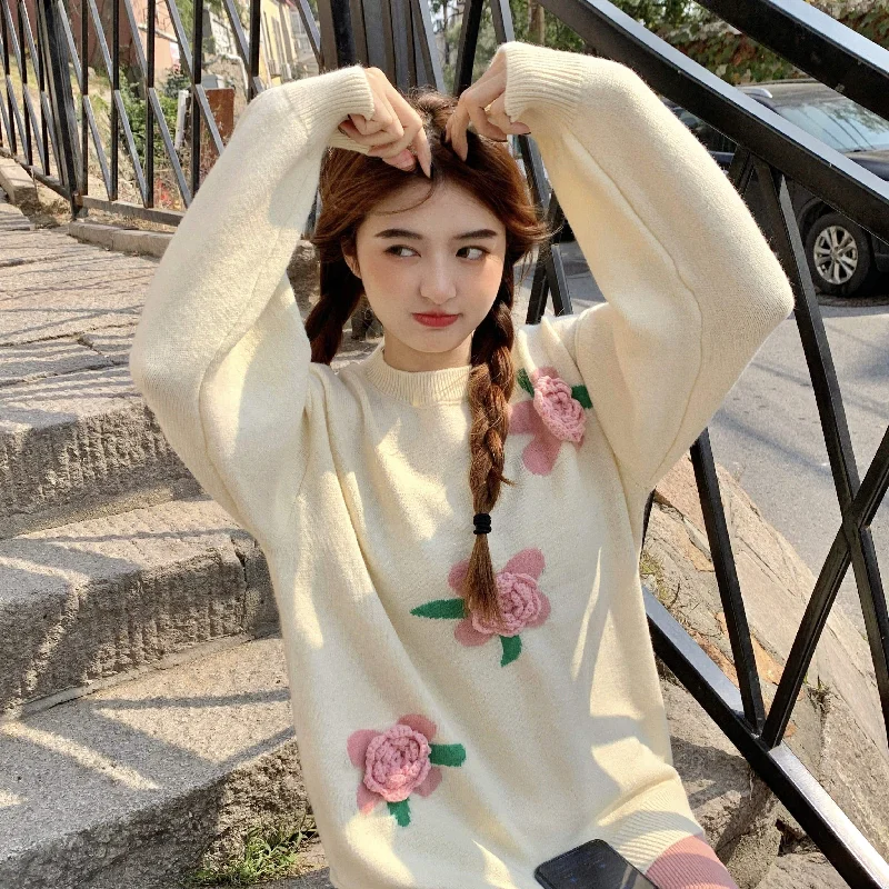 Women's Kawaii Floral Knitted Sweater