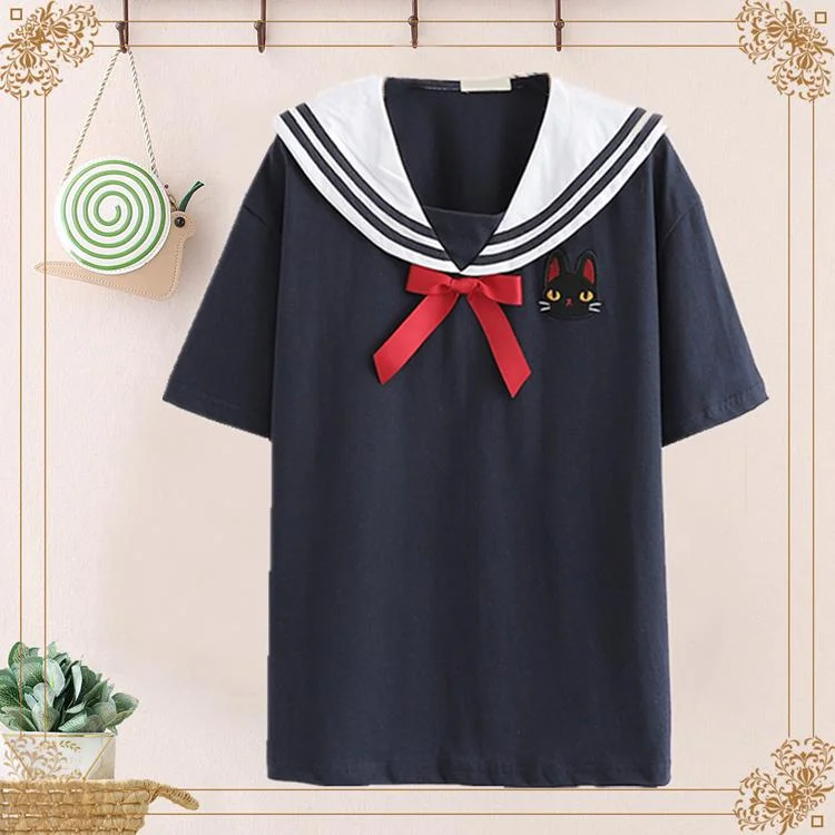 Women's Sweet Bowknot Lace-up Sailor Collar Cats Embroidered Shirts