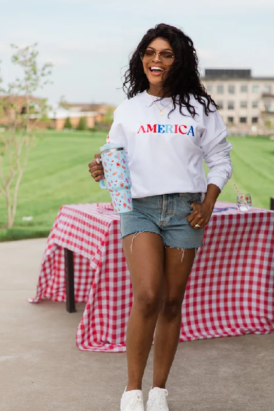 America Multi Embroidery White Oversized Graphic Sweatshirt FINAL SALE