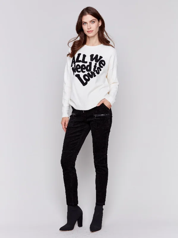 Crew Neck Sweater with Love Embroidery - Ecru