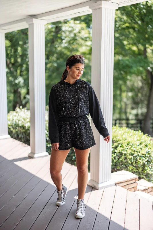 Rhinestone Glam Black Knit Hoodie