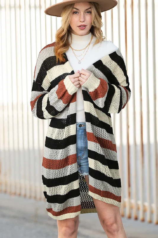 Black Striped Color Block Casual Hollow Cable Knit Cardigan