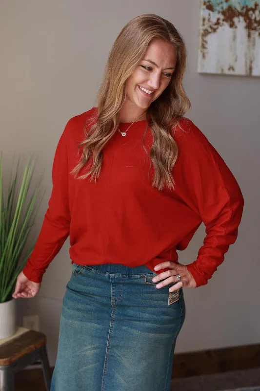 Red Patchwork Long Sleeve Top • S, 2XL PLUS