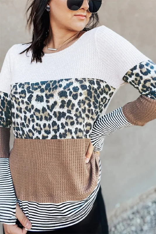 Colorblock Stripes and Cheetah Print Long Sleeve Shirt