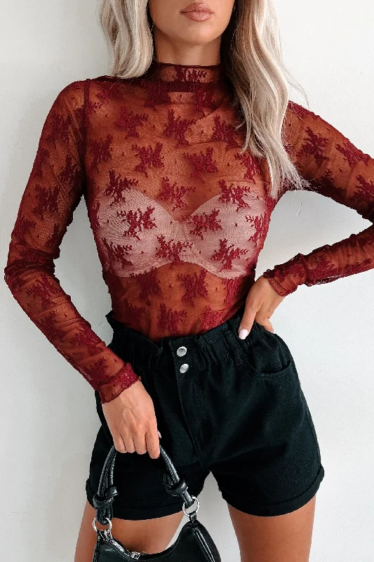 Confident Perfection Floral Lace Long Sleeve Top (Wine)