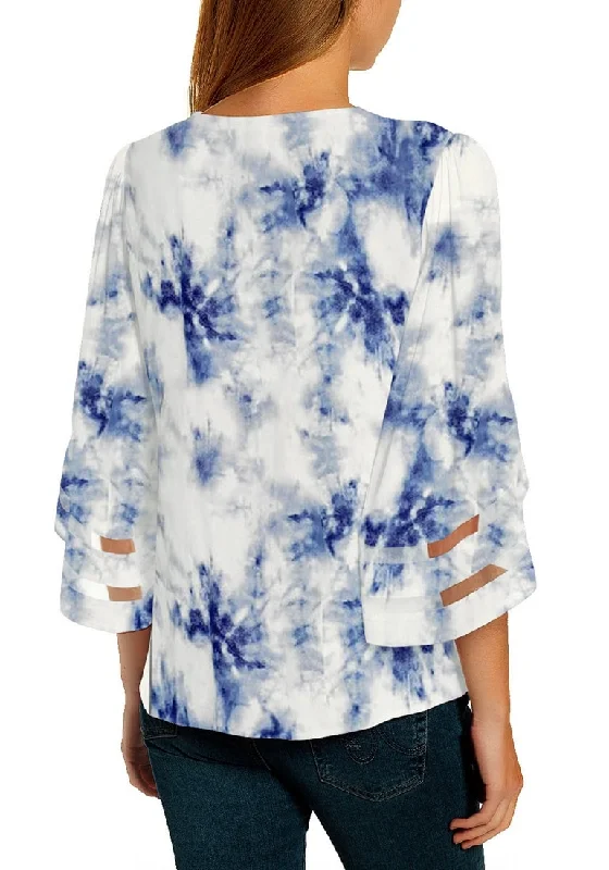 Women's V Neck Shirt Printed Top 3/4 Bell Sleeve Mesh Panel Blouse