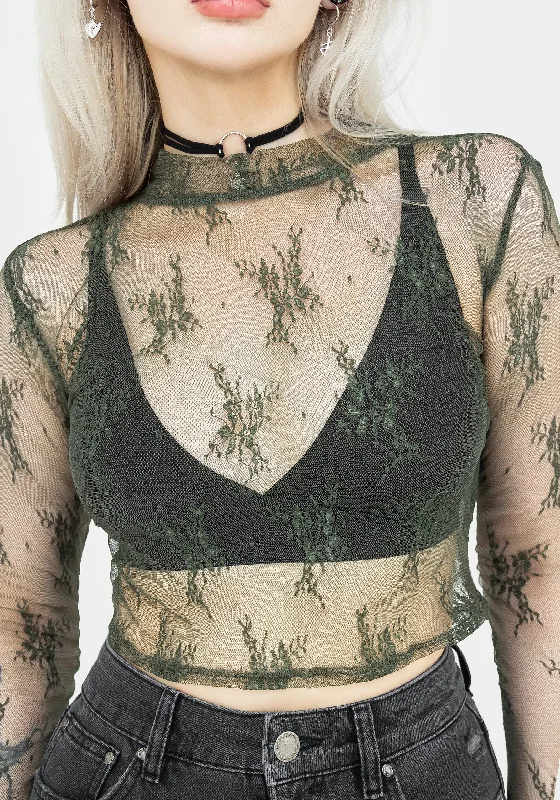 Eternal Lace Long Sleeve Crop Top - Green