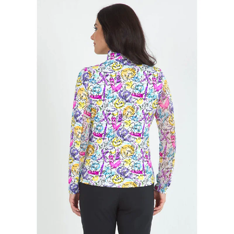 IBKUL Angie Long Sleeve Print Mock Neck Top - Hot Pink Multi