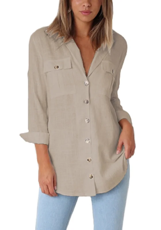 Khaki Long Cuffed Sleeves Lapel Button-Up Blouse