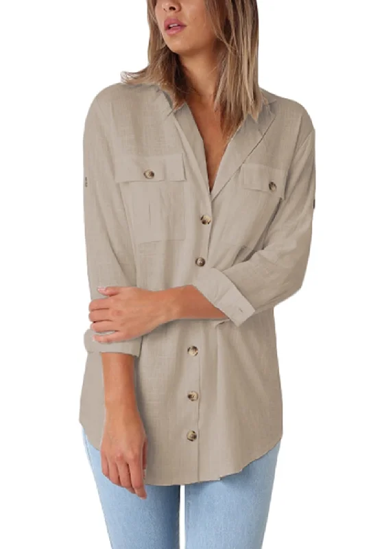 Khaki Long Cuffed Sleeves Lapel Button-Up Blouse