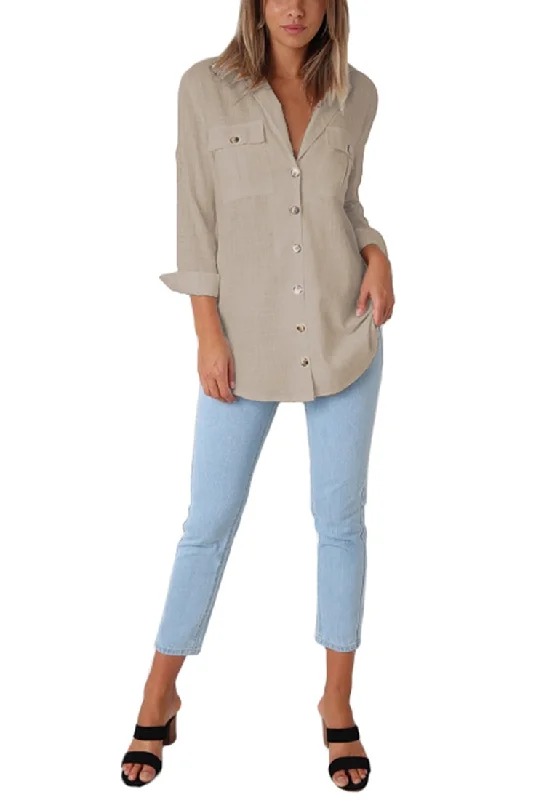 Khaki Long Cuffed Sleeves Lapel Button-Up Blouse