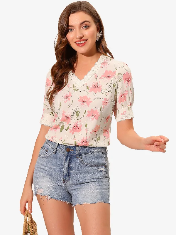 Floral Blouse Lace Trim V Neck Summer Shirt Top