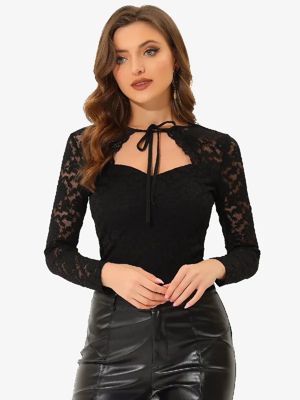 Gothic Halloween Choker Tie Neck Long Sleeve Floral Lace Blouse