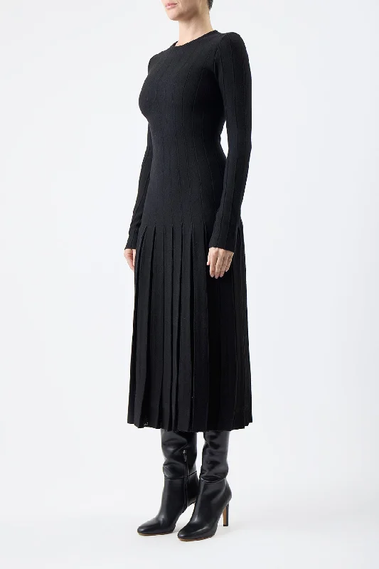 Walsh Knit Pleated Dress in Black Wool