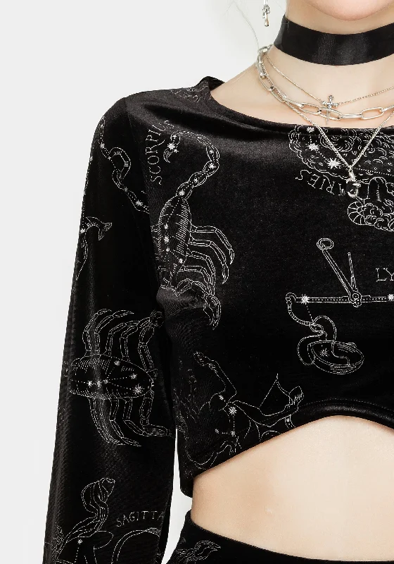 Zodiac Foil Print Flute Sleeve Crop Top