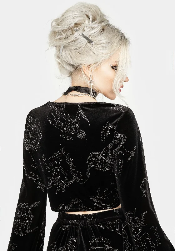 Zodiac Foil Print Flute Sleeve Crop Top