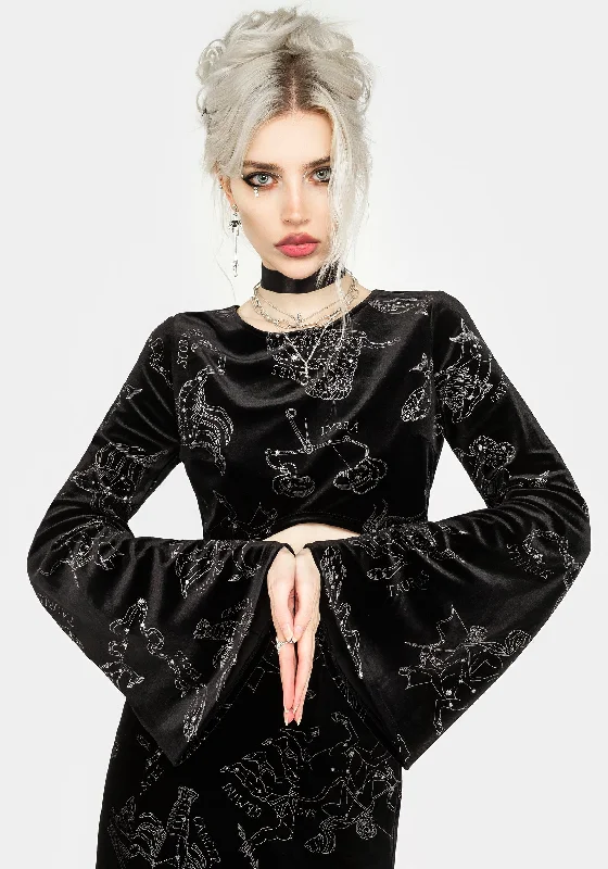 Zodiac Foil Print Flute Sleeve Crop Top