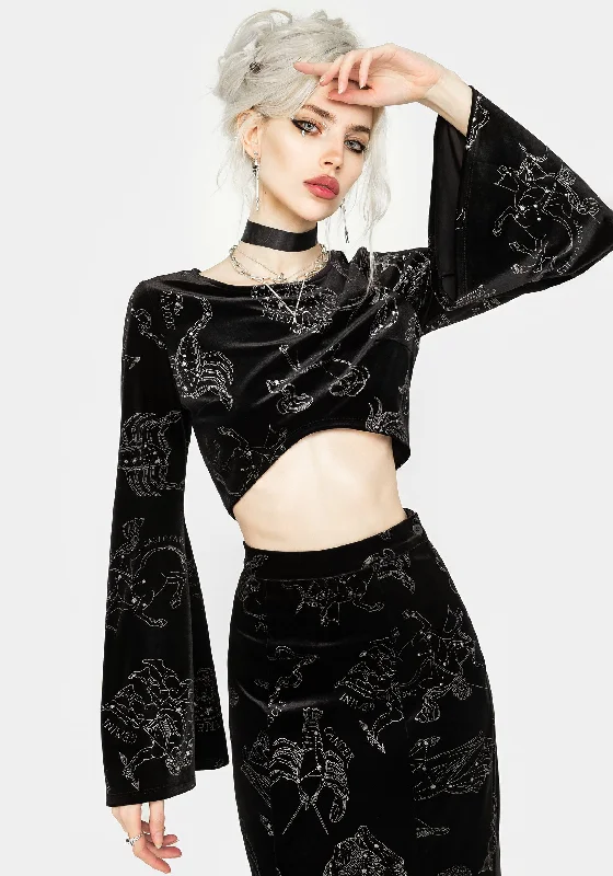 Zodiac Foil Print Flute Sleeve Crop Top