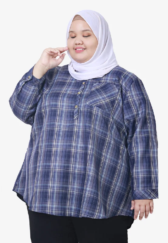 Cheara Checkered Half Button Shirt - Blue