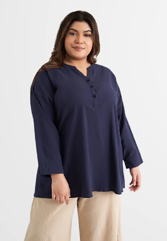 Leia Linen Half Button Stand Collar Blouse - Navy Blue